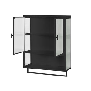 English Elm 23.62"Glass Two-Door Wall Cabinet with Fluted Tempered Glass, Open Shelf, Towel Rack, Modern Storage Black W757143036