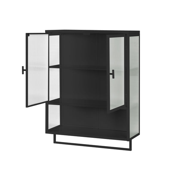 English Elm 23.62"Glass Two-Door Wall Cabinet with Fluted Tempered Glass, Open Shelf, Towel Rack, Modern Storage Black W757143036