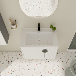 English Elm 28 Inch Wall-Mounted Bathroom Vanity with Ceramic Sink, Wave Dual Doors, Soft-Close Hinges, Durable Finish White W999P146019