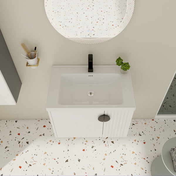 English Elm 28 Inch Wall-Mounted Bathroom Vanity with Ceramic Sink, Wave Dual Doors, Soft-Close Hinges, Durable Finish White W999P146019
