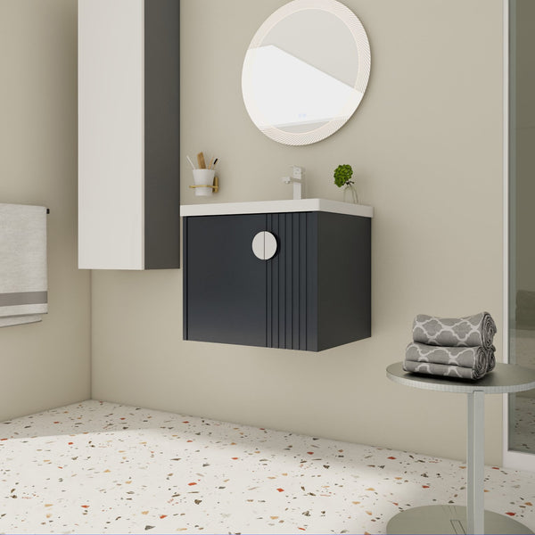 English Elm 24 Inch Wall-Mounted Vanity with Ceramic Sink, Wave Door Accent, Soft-Close Hinges, Eco Plywood Durable Finish Black W999P146017