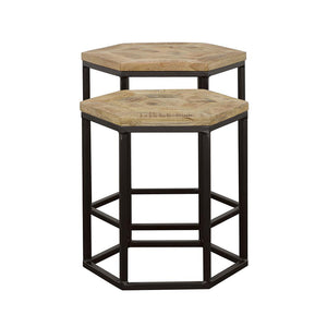 English Elm Natural Hexagon Nesting Tables Set of 2 - Mango Wood Inlay Tops with Black Iron Bases, Rustic Industrial Charm B062P153599