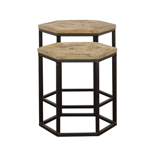 English Elm Natural Hexagon Nesting Tables Set of 2 - Mango Wood Inlay Tops with Black Iron Bases, Rustic Industrial Charm B062P153599