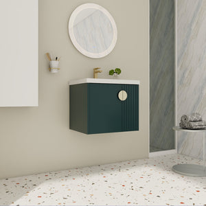 English Elm 24 Inch Wall-Mounted Vanity with Ceramic Sink, Wave Door Accent, Soft-Close Hinges, Eco Plywood Durable Finish Green W999P146018