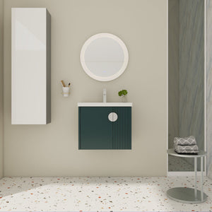 English Elm 24 Inch Wall-Mounted Vanity with Ceramic Sink, Wave Door Accent, Soft-Close Hinges, Eco Plywood Durable Finish Green W999P146018
