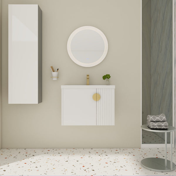 English Elm 28 Inch Wall-Mounted Bathroom Vanity with Ceramic Sink, Wave Dual Doors, Soft-Close Hinges, Durable Finish White W999P146019