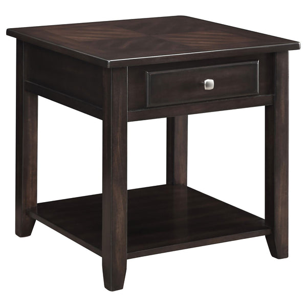 English Elm Walnut Transitional 1-Shelf End Table with Felt-Lined Drawer, Deep Finish, Square Design for Living Rooms B062P153604