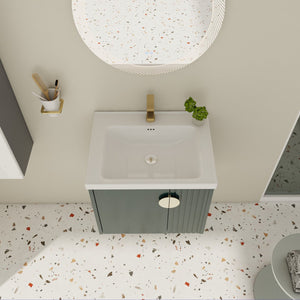 English Elm 24 Inch Wall-Mounted Vanity with Ceramic Sink, Wave Door Accent, Soft-Close Hinges, Eco Plywood Durable Finish Green W999P146018