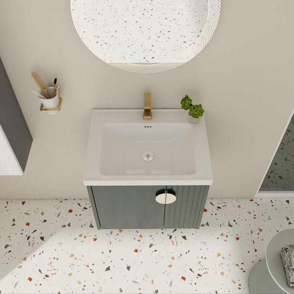 English Elm 24 Inch Wall-Mounted Vanity with Ceramic Sink, Wave Door Accent, Soft-Close Hinges, Eco Plywood Durable Finish Green W999P146018