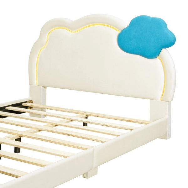 English Elm Full Size Velvet Platform Bed with Cloud Headboard Led Ambient Glow Scalloped Frame WF316217AAA