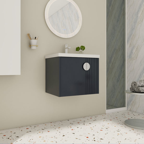 English Elm 24 Inch Wall-Mounted Vanity with Ceramic Sink, Wave Door Accent, Soft-Close Hinges, Eco Plywood Durable Finish Black W999P146017