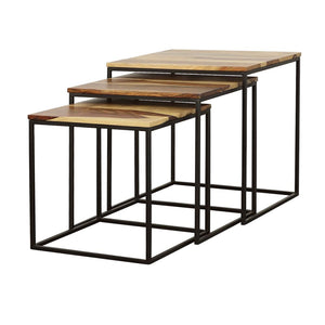English Elm Natural Natural and Black 3-piece Nesting Table Set – Sheesham Wood Tops with Black Metal Bases, Space-Saving Rustic Chic B062P153608
