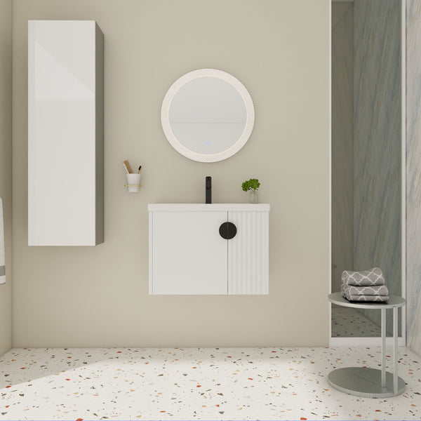 English Elm 28 Inch Wall-Mounted Bathroom Vanity with Ceramic Sink, Wave Dual Doors, Soft-Close Hinges, Durable Finish White W999P146019