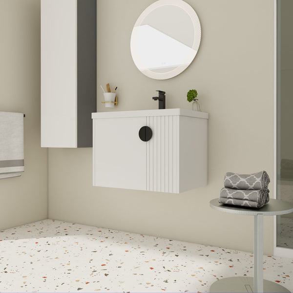 English Elm 28 Inch Wall-Mounted Bathroom Vanity with Ceramic Sink, Wave Dual Doors, Soft-Close Hinges, Durable Finish White W999P146019