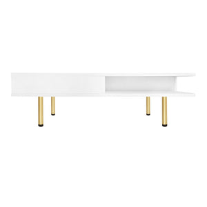 English Elm On-trend Gloss White Square Coffee Table Gold Legs Hidden Drawers Open Shelf Living Room WF315490AAK