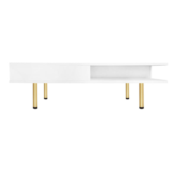 English Elm On-trend Gloss White Square Coffee Table Gold Legs Hidden Drawers Open Shelf Living Room WF315490AAK