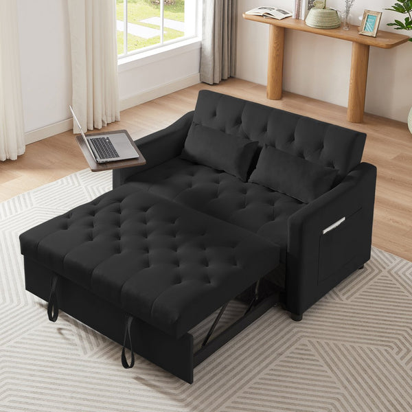 English Elm BLACK Velvet Sofa Bed with Foam Comfort, Solid Wood Frame, Black Legs — Compact 46x40x16.55" Convertible Lounge W588P154122