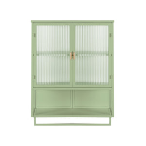 English Elm 23.62"Glass Two-Door Wall Cabinet with Fluted Tempered Glass, Open Shelf, Towel Rack, Modern Storage Green W757143037