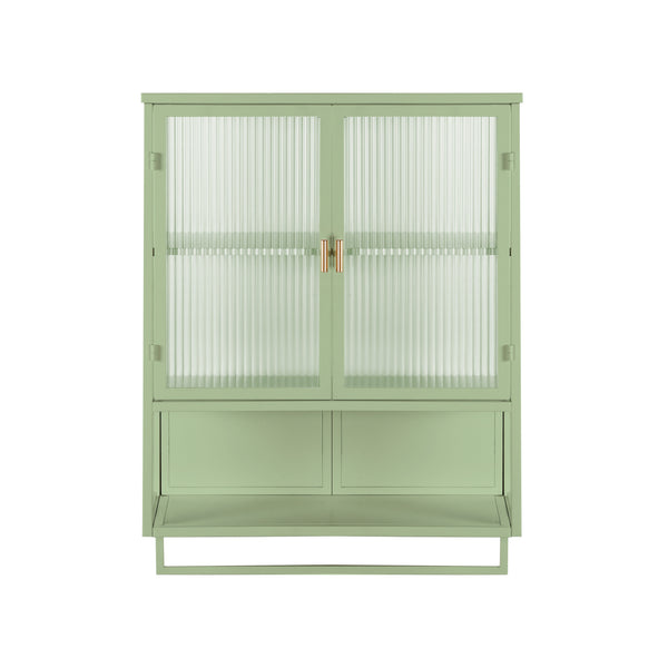 English Elm 23.62"Glass Two-Door Wall Cabinet with Fluted Tempered Glass, Open Shelf, Towel Rack, Modern Storage Green W757143037