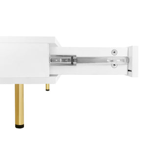 English Elm On-trend Gloss White Square Coffee Table Gold Legs Hidden Drawers Open Shelf Living Room WF315490AAK