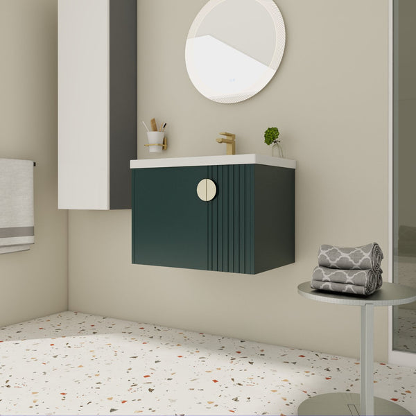 English Elm 28 Inch Wall-Mounted Bathroom Vanity with Ceramic Sink, Wave Dual Doors, Soft-Close Hinges, Durable Finish Green W999P146023