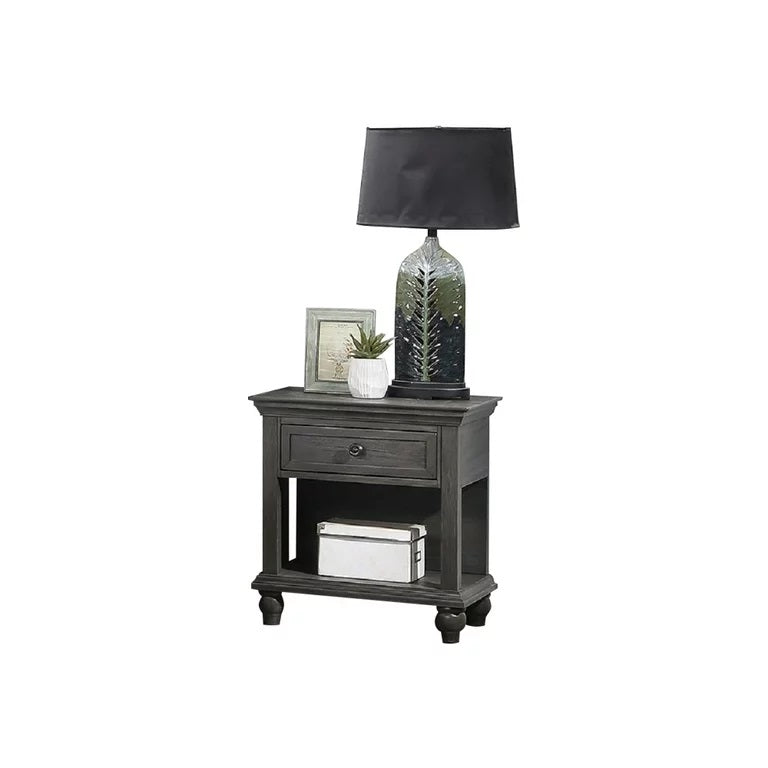 English Elm Unique Ornate Natural Brown Grey Finish Nightstand with 1 Drawer Shelf, Carved Wood Accent, 24x16x26" B011P154515