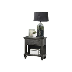 English Elm Unique Ornate Natural Brown Grey Finish Nightstand with 1 Drawer Shelf, Carved Wood Accent, 24x16x26" B011P154515