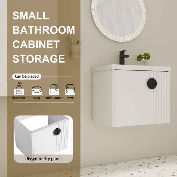 English Elm 24 Inch Wall-Mounted Vanity with Ceramic Sink, Wave Door Accent, Soft-Close Hinges, Eco Plywood Durable Finish White W999P146015