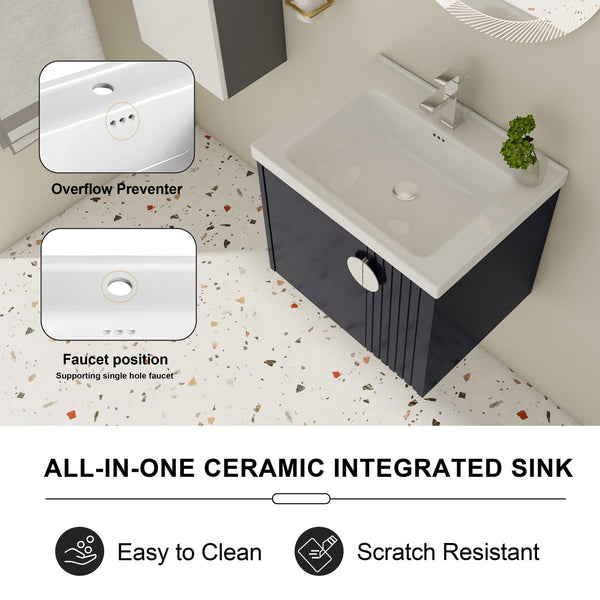 English Elm 24 Inch Wall-Mounted Vanity with Ceramic Sink, Wave Door Accent, Soft-Close Hinges, Eco Plywood Durable Finish Black W999P146017