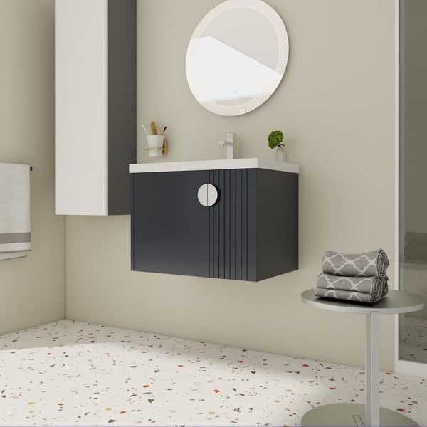 English Elm 28 Inch Wall-Mounted Bathroom Vanity with Ceramic Sink, Wave Dual Doors, Soft-Close Hinges, Durable Finish Black W999P146021
