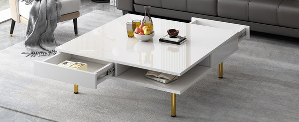 English Elm On-trend Gloss White Square Coffee Table Gold Legs Hidden Drawers Open Shelf Living Room WF315490AAK