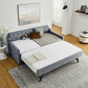 English Elm Twin Size Upholstered Daybed With Erectable Trundle, Usb Charging & Modern Linen Grey Design W1413S00026-GIGA