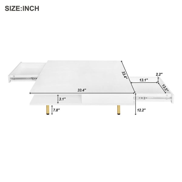 English Elm On-trend Gloss White Square Coffee Table Gold Legs Hidden Drawers Open Shelf Living Room WF315490AAK