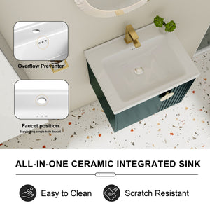 English Elm 24 Inch Wall-Mounted Vanity with Ceramic Sink, Wave Door Accent, Soft-Close Hinges, Eco Plywood Durable Finish Green W999P146018