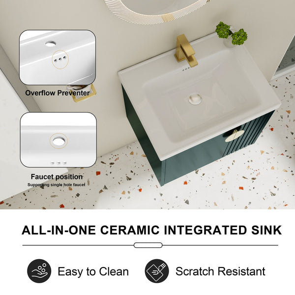English Elm 24 Inch Wall-Mounted Vanity with Ceramic Sink, Wave Door Accent, Soft-Close Hinges, Eco Plywood Durable Finish Green W999P146018