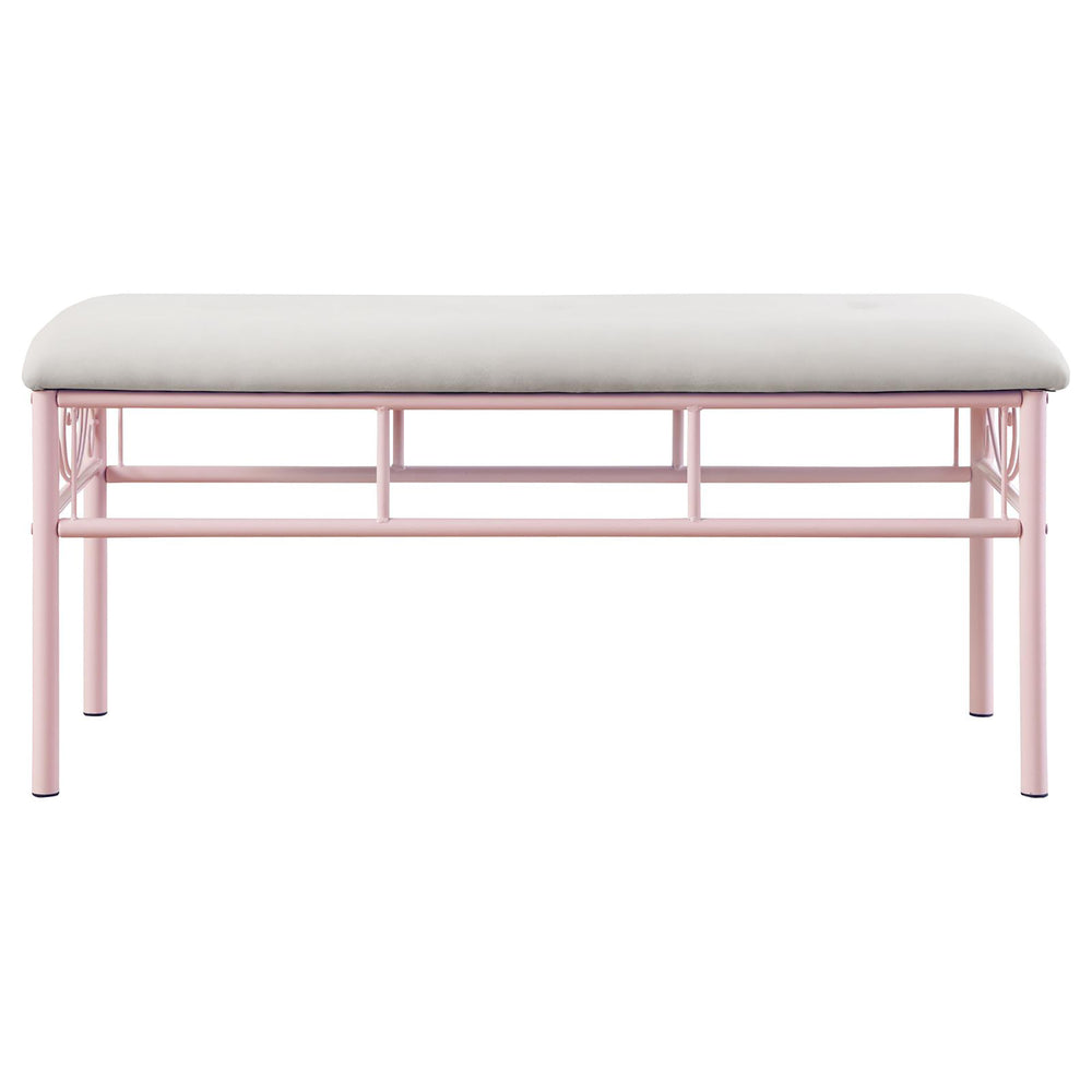 English Elm Powder Pink Bench with Ivory Upholstery and Delicate Scrollwork — Steel Frame, Feminine Charm (97) B062P153592