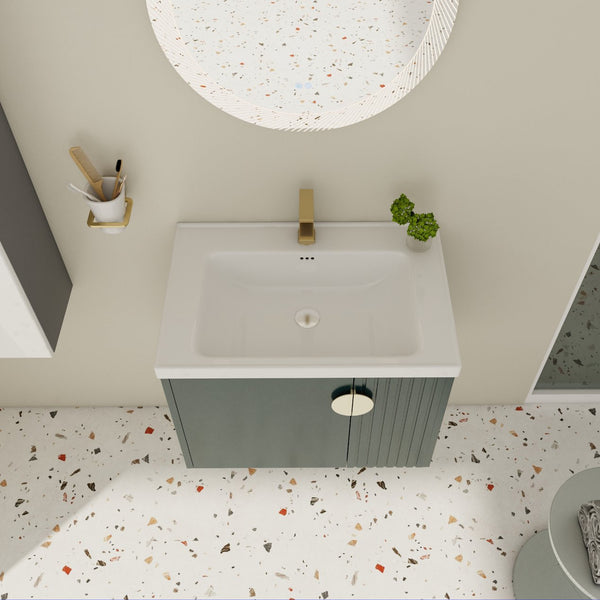 English Elm 28 Inch Wall-Mounted Bathroom Vanity with Ceramic Sink, Wave Dual Doors, Soft-Close Hinges, Durable Finish Green W999P146023