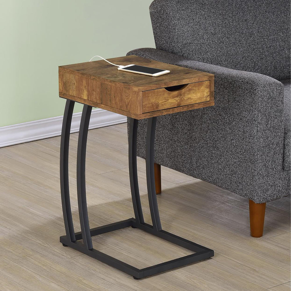 English Elm Antique Rustic Nutmeg Accent Table with Gunmetal C-Base, Chunky Wood Top, Dual USB & Power Ports B062P153607