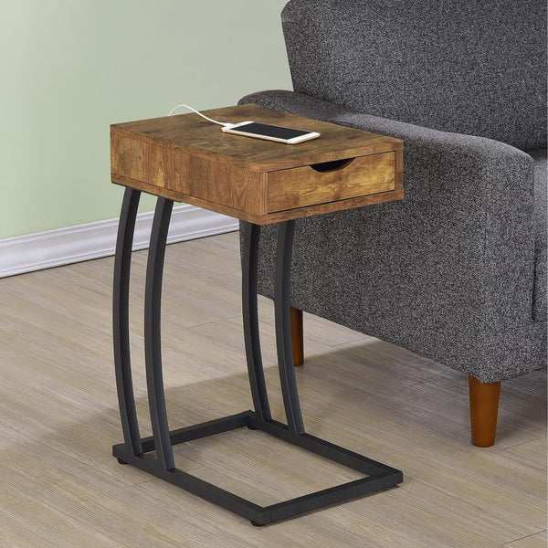 English Elm Antique Rustic Nutmeg Accent Table with Gunmetal C-Base, Chunky Wood Top, Dual USB & Power Ports B062P153607