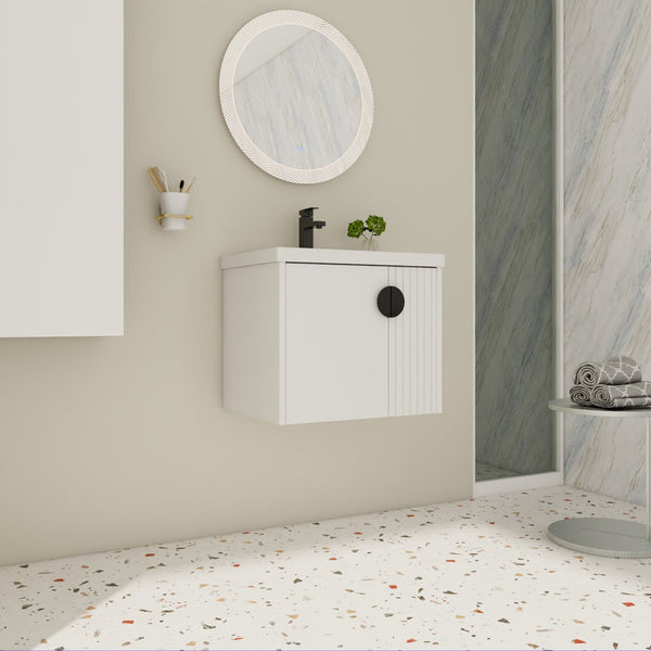 English Elm 24 Inch Wall-Mounted Vanity with Ceramic Sink, Wave Door Accent, Soft-Close Hinges, Eco Plywood Durable Finish White W999P146015
