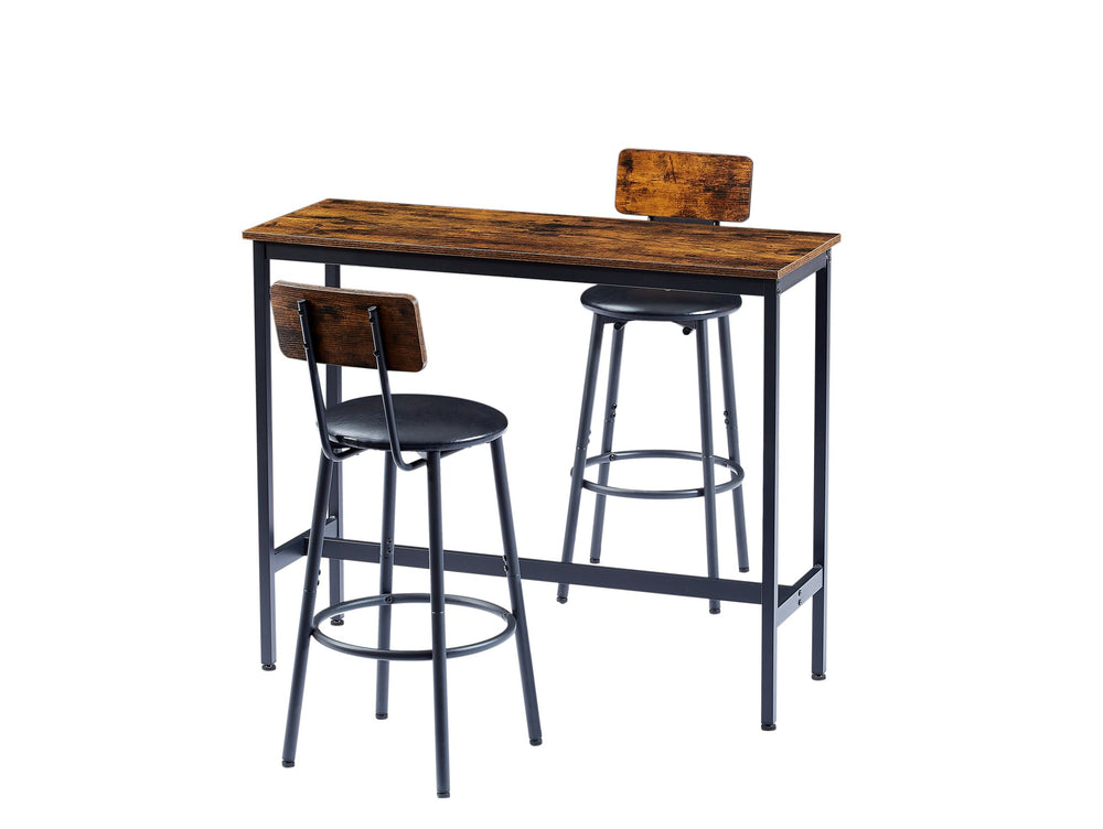 English Elm Bar Bar Table Set with 2 PU Cushioned Stools, Rustic Brown Vintage Woodgrain, Space-Saving Design W1162P144762