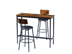 English Elm Bar Bar Table Set with 2 PU Cushioned Stools, Rustic Brown Vintage Woodgrain, Space-Saving Design W1162P144762