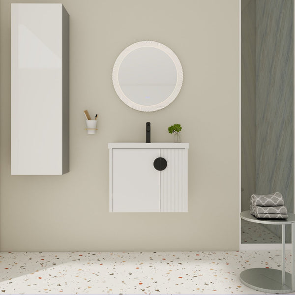 English Elm 24 Inch Wall-Mounted Vanity with Ceramic Sink, Wave Door Accent, Soft-Close Hinges, Eco Plywood Durable Finish White W999P146015