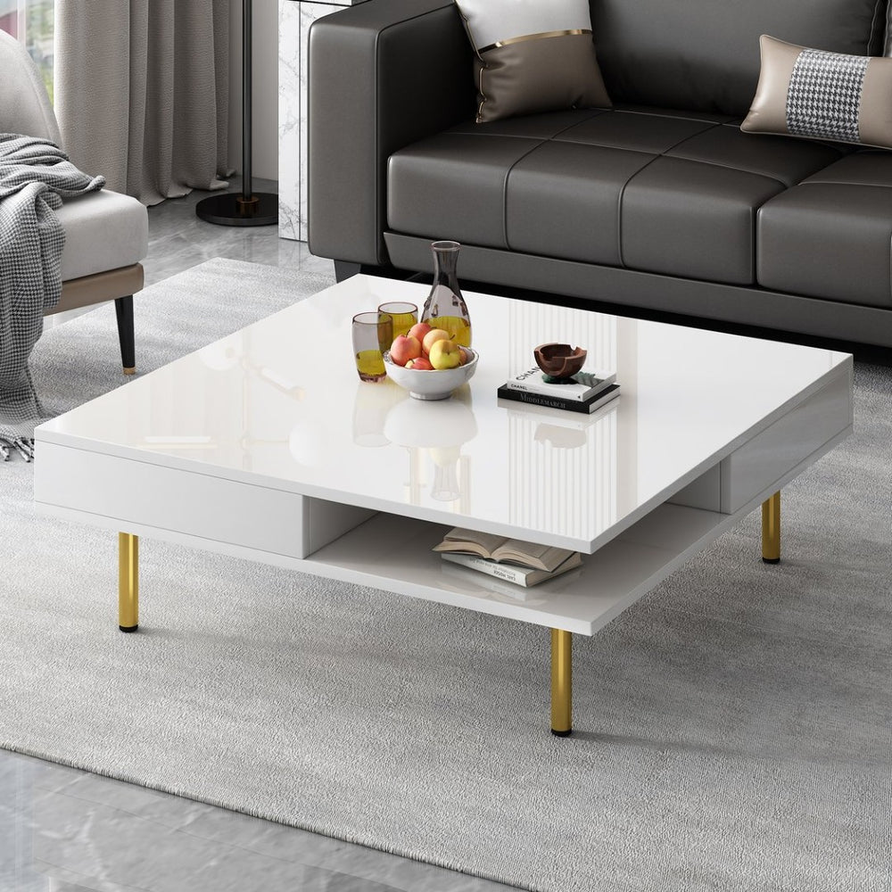 English Elm On-trend Gloss White Square Coffee Table Gold Legs Hidden Drawers Open Shelf Living Room WF315490AAK
