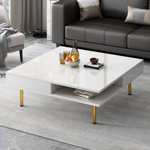 English Elm On-trend Gloss White Square Coffee Table Gold Legs Hidden Drawers Open Shelf Living Room WF315490AAK