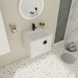 English Elm 24 Inch Wall-Mounted Vanity with Ceramic Sink, Wave Door Accent, Soft-Close Hinges, Eco Plywood Durable Finish White W999P146015