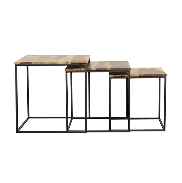 English Elm Natural Natural and Black 3-piece Nesting Table Set – Sheesham Wood Tops with Black Metal Bases, Space-Saving Rustic Chic B062P153608
