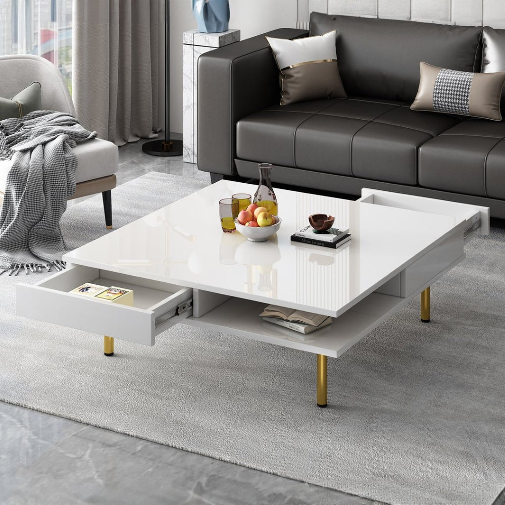 English Elm On-trend Gloss White Square Coffee Table Gold Legs Hidden Drawers Open Shelf Living Room WF315490AAK