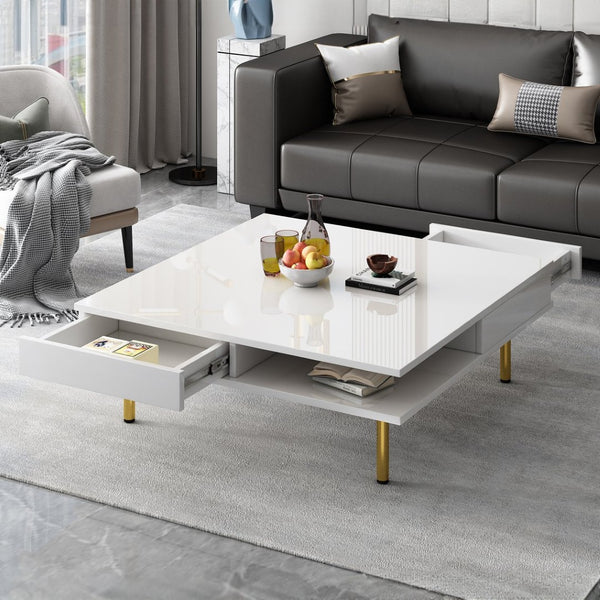 English Elm On-trend Gloss White Square Coffee Table Gold Legs Hidden Drawers Open Shelf Living Room WF315490AAK