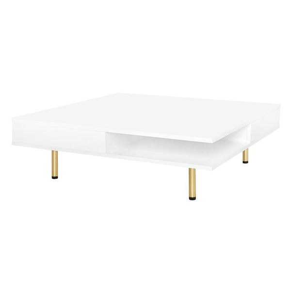 English Elm On-trend Gloss White Square Coffee Table Gold Legs Hidden Drawers Open Shelf Living Room WF315490AAK